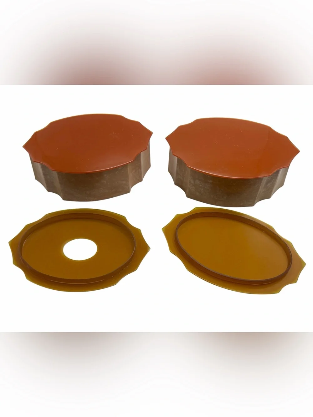 1920’s Art Deco Marbled Celluoid Hair Catcher and Powder Vanity Dishes